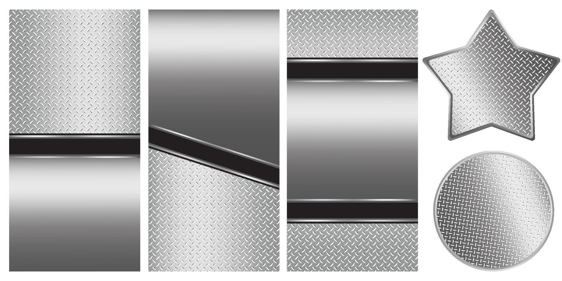 Set of silver-gray metal surface featuring a 3D chrome polish and shiny diamond plate pattern. vector