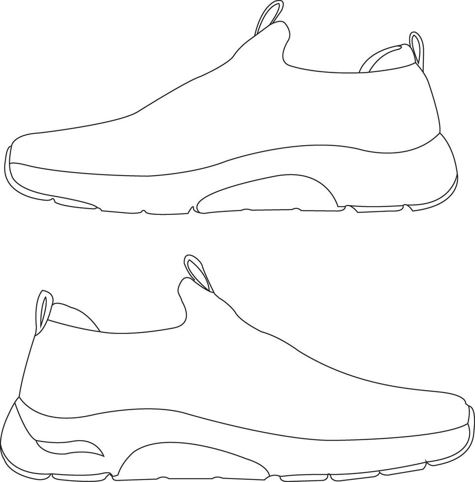 Shoes sneaker outline drawing icon, set of sneakers design isolated, black line sneaker template outline vector
