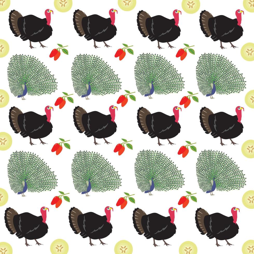 turkey, peacock with fruit as a pattern background vector
