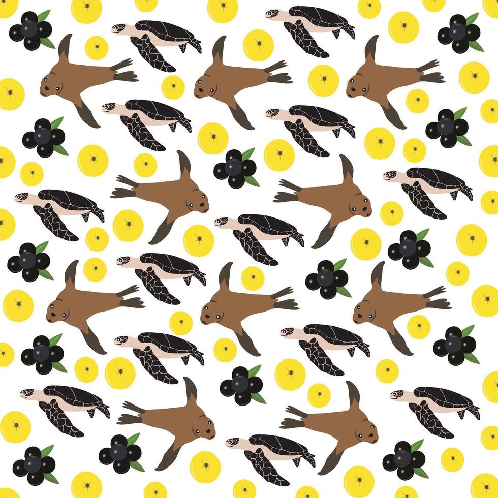 seals, turtles with fruit as a pattern background vector
