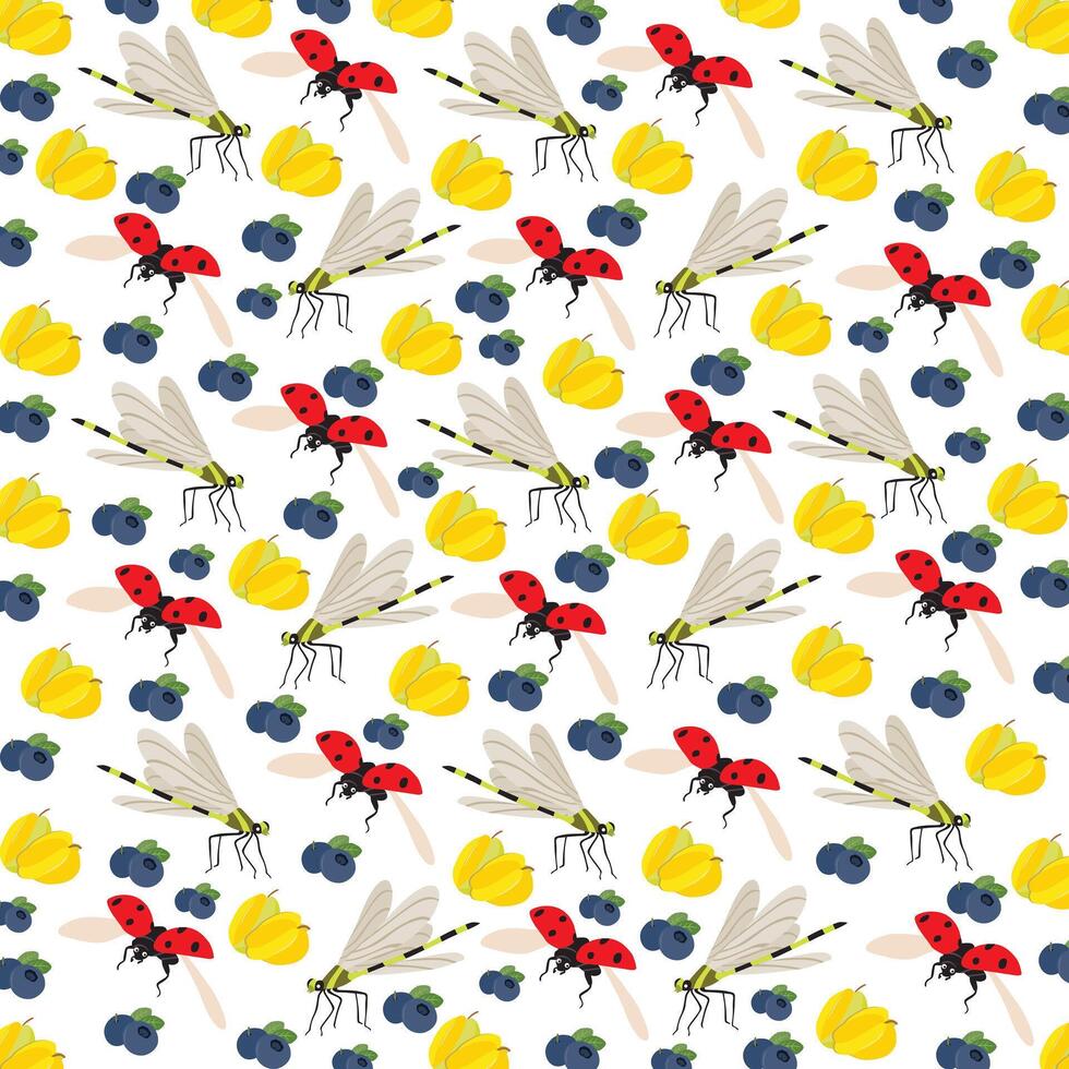 ladybug, dragonfly with fruit as a pattern background vector