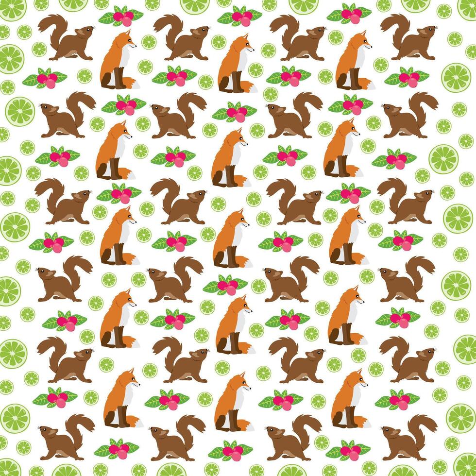 squirrel, fox with fruit as a pattern background vector