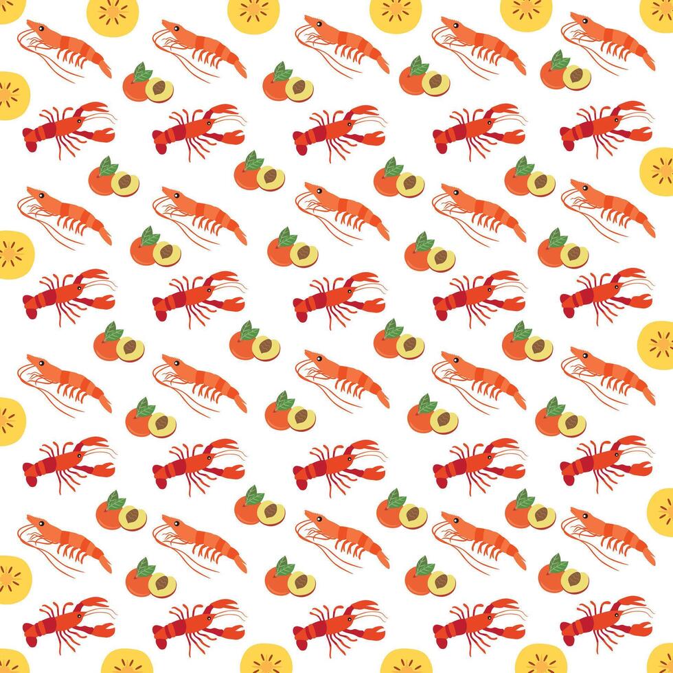 lobster, shrimp with fruit as a pattern background vector