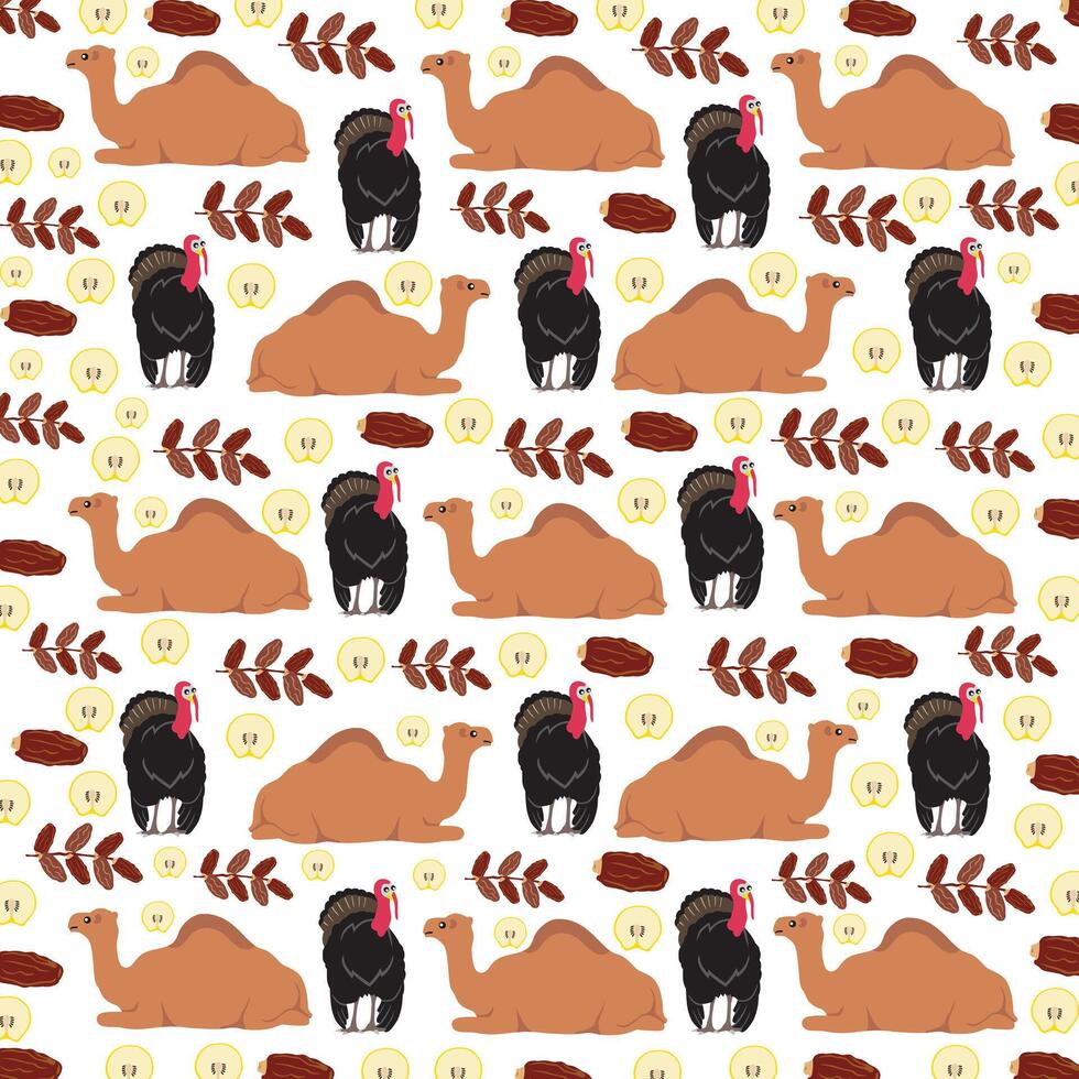 camel, turkey with fruit as a pattern background vector