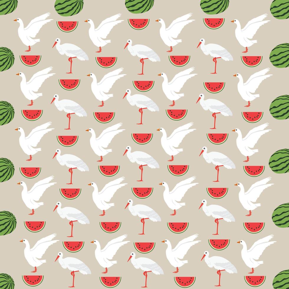 swan, stork with fruit as a pattern background vector