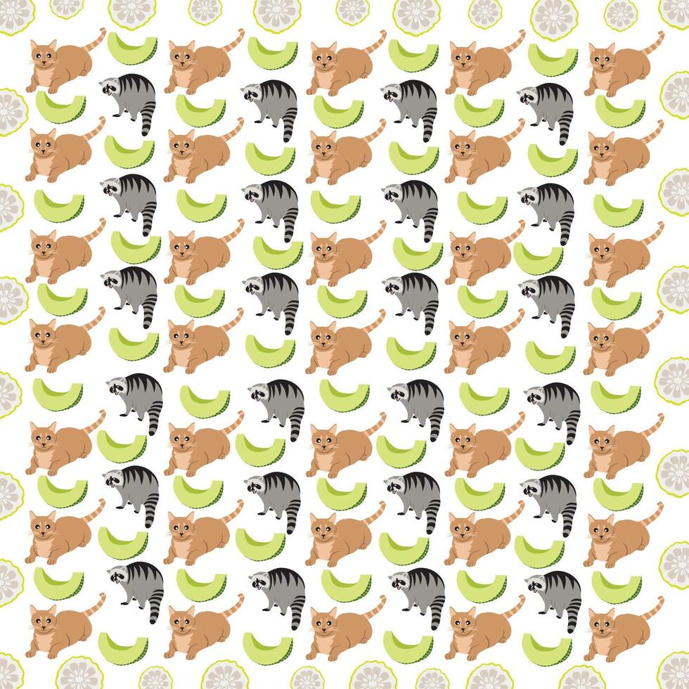 raccoon, cat with fruit as a pattern background vector