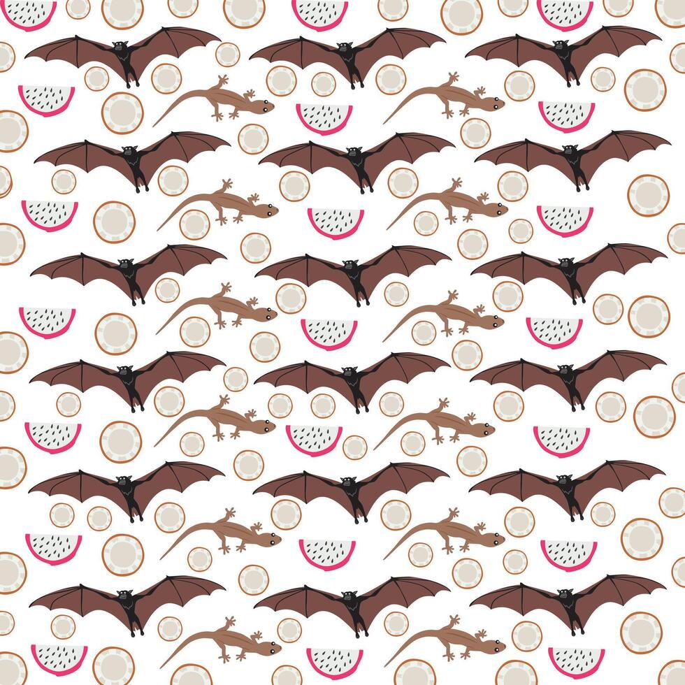 bat, lizard with fruit as a pattern background vector