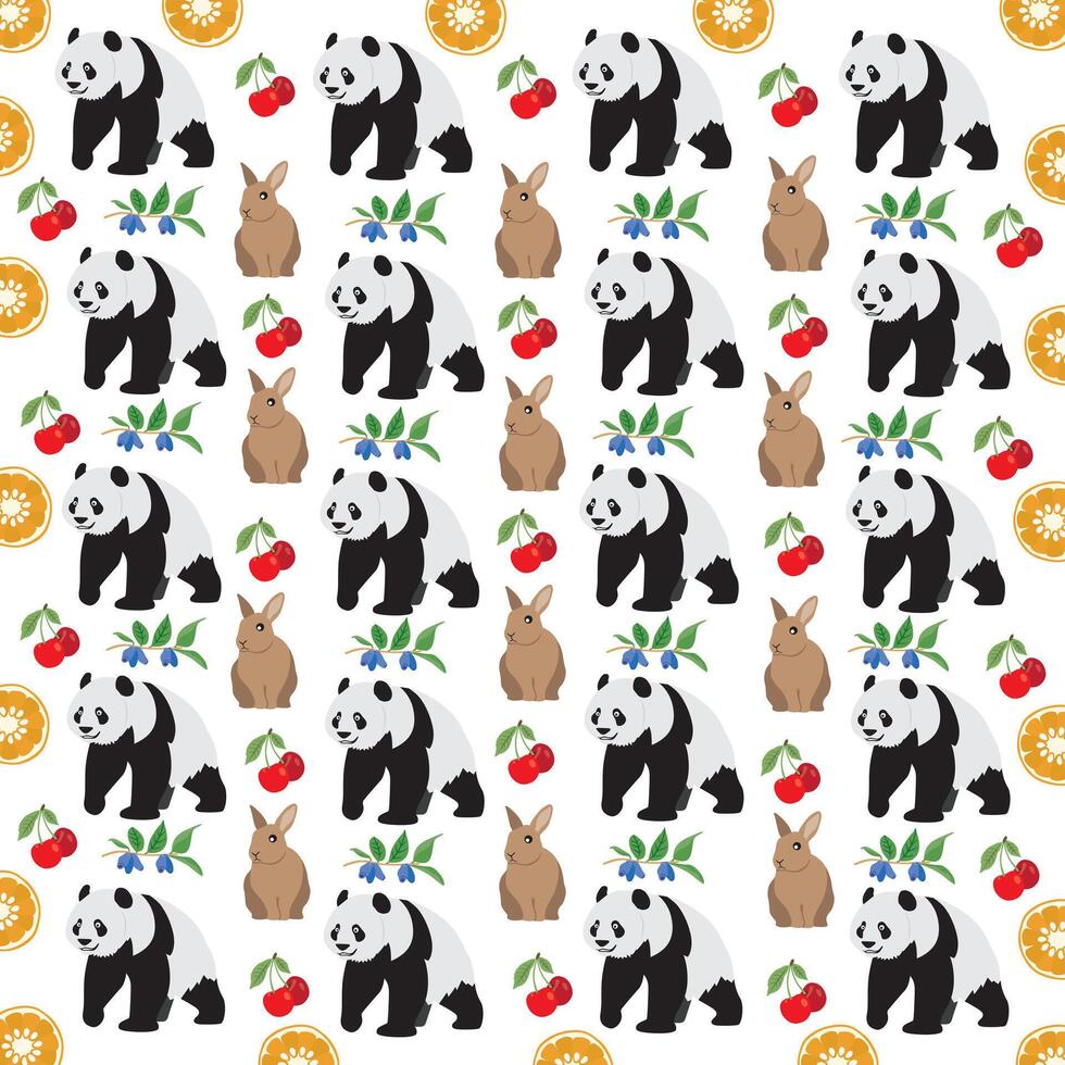 panda, rabbit with fruit as a pattern background vector