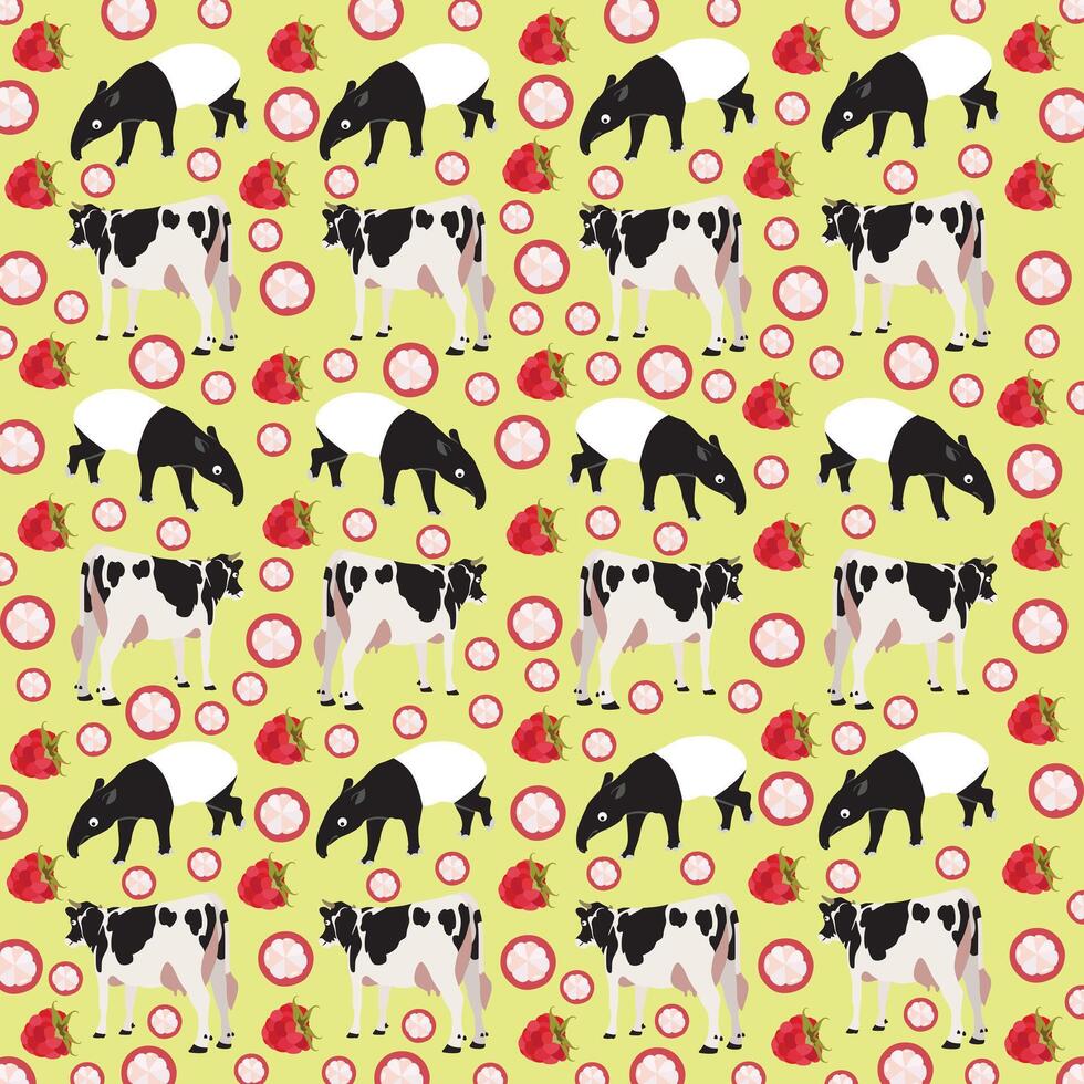 cow, tapir with fruit as a pattern background vector