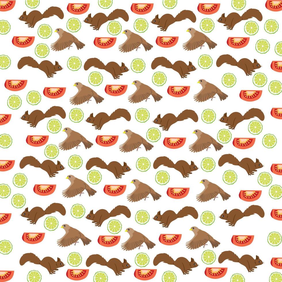 bird, squirrel with fruit as a pattern background vector