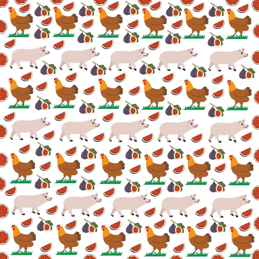 chicken, pig with fruit as a pattern background vector