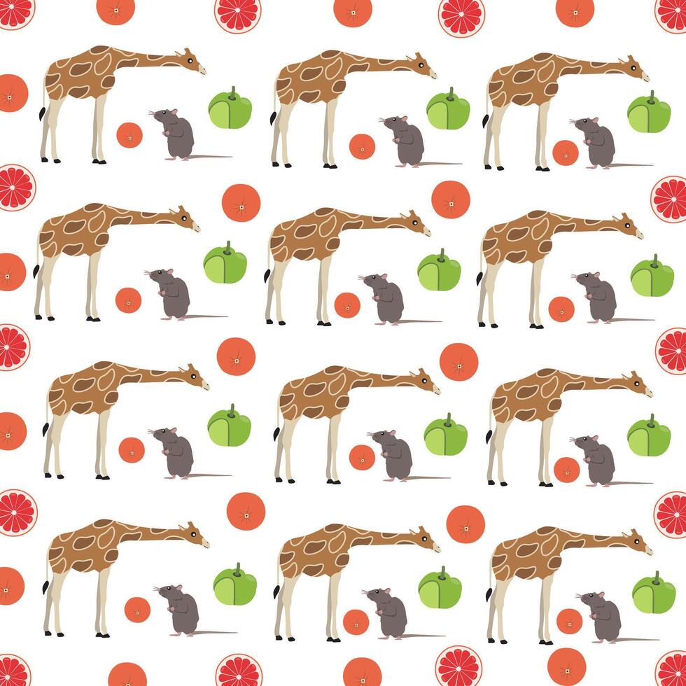 mouse, giraffe with fruit as a pattern background vector