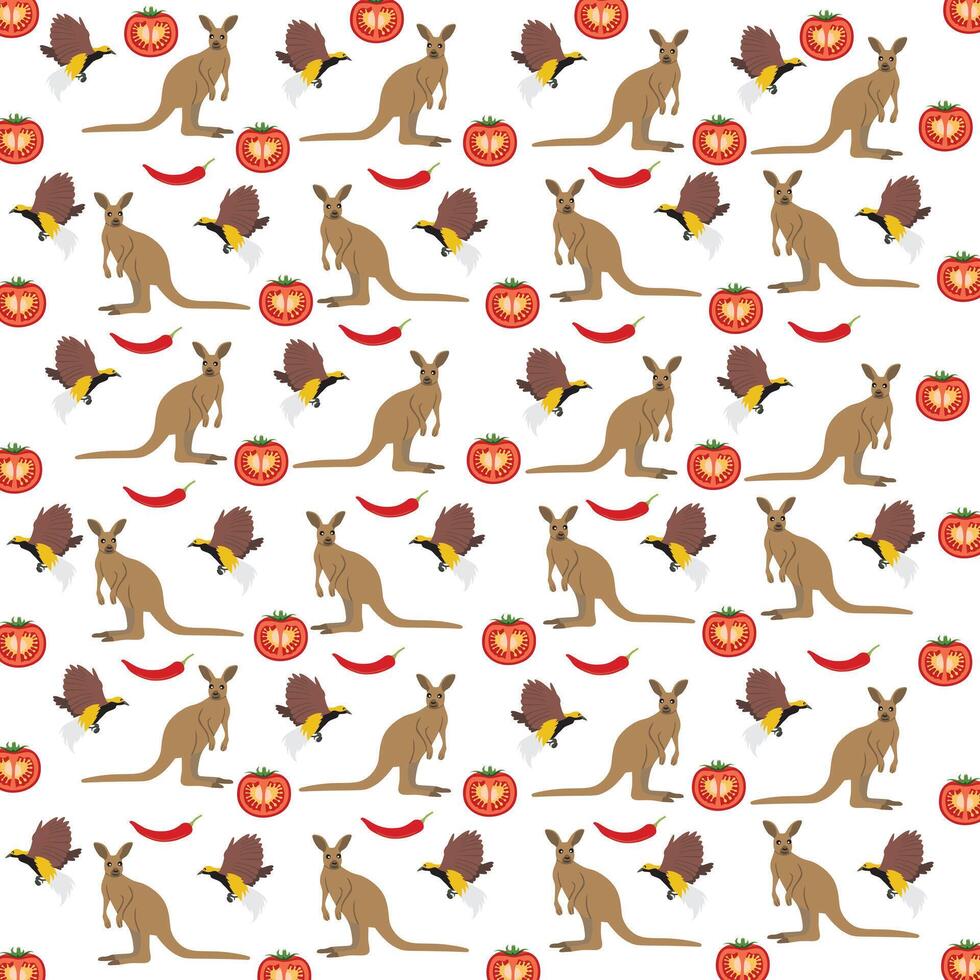 kangaroo, bird of paradise with fruit as a pattern background vector
