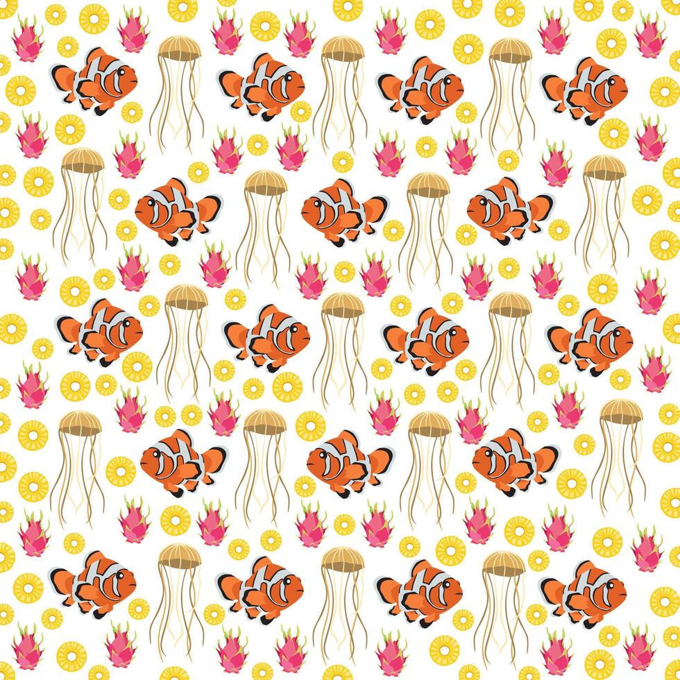 clown fish, jellyfish with food as a pattern background vector