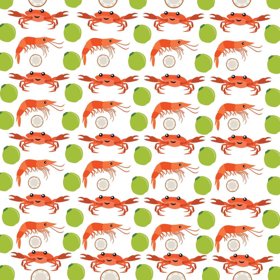 shrimp, crab with fruit as a pattern background vector