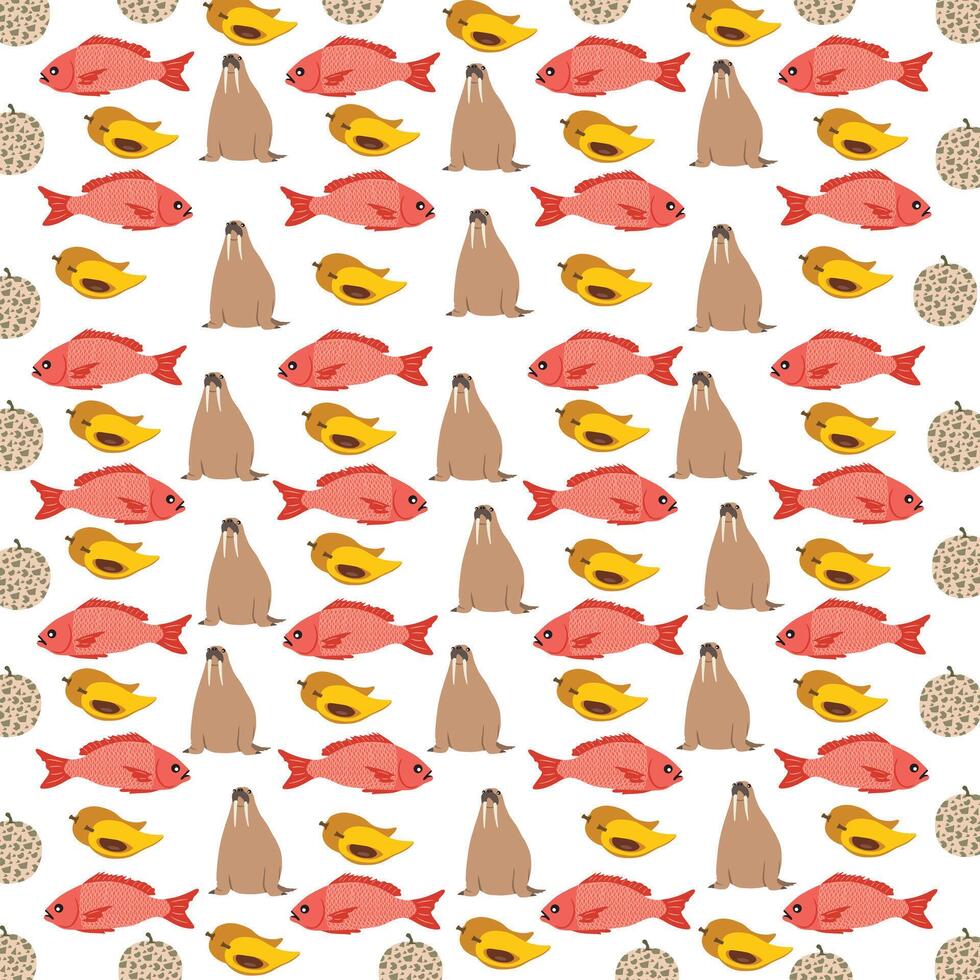 fish, walrus with fruit as a pattern background vector