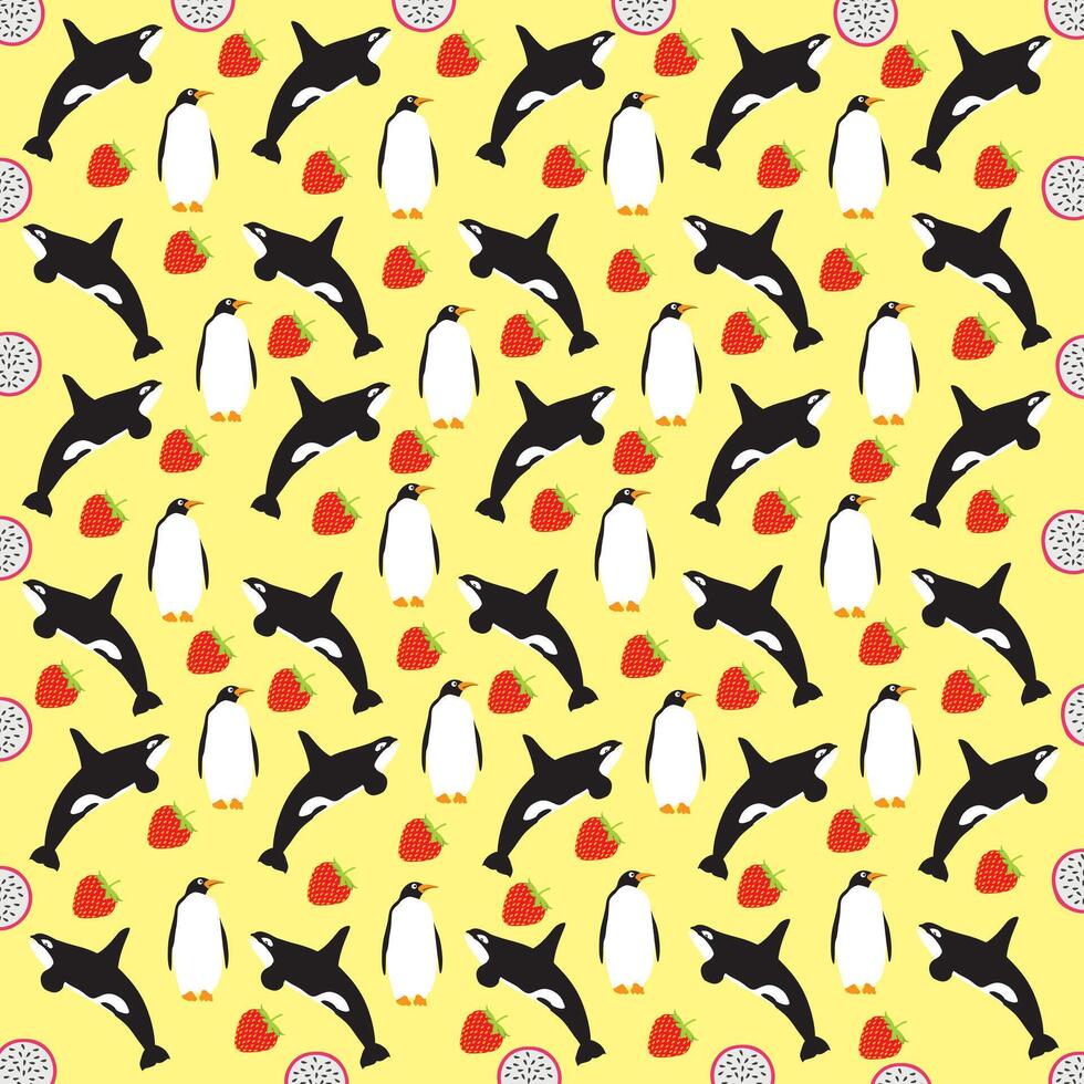 penguin, whale with fruit as a pattern background vector