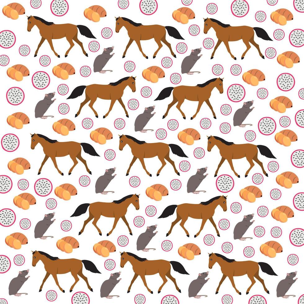 horse, mouse with fruit as a pattern background vector