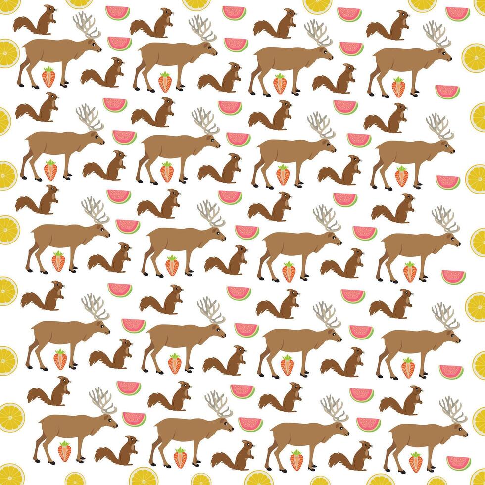 squirrel, deer with fruit as a pattern background vector
