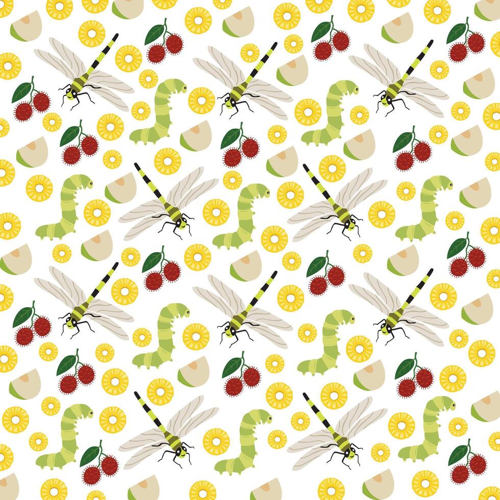 caterpillar, dragonfly with fruit as a pattern background vector