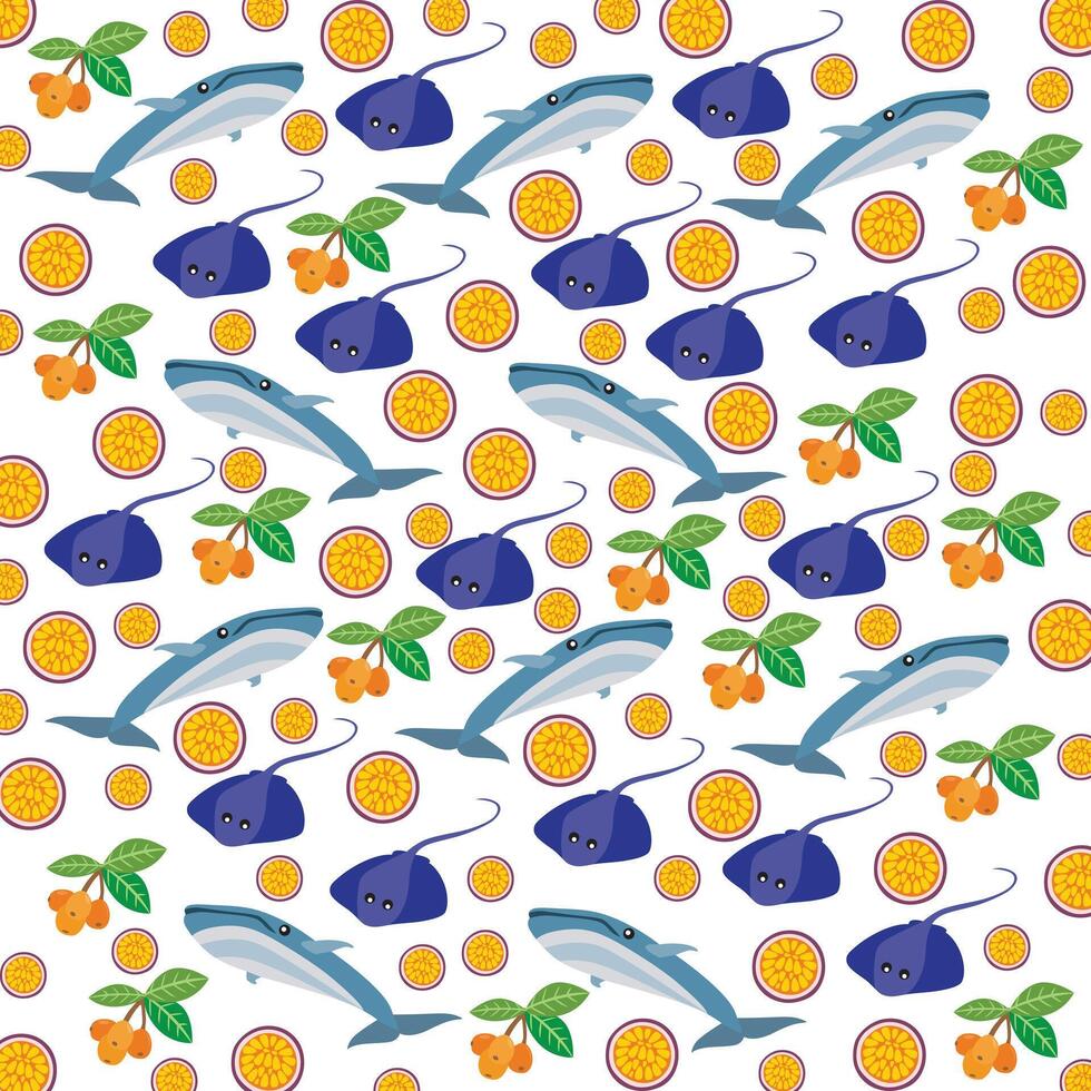 whale, Stingray with fruit as a pattern background vector