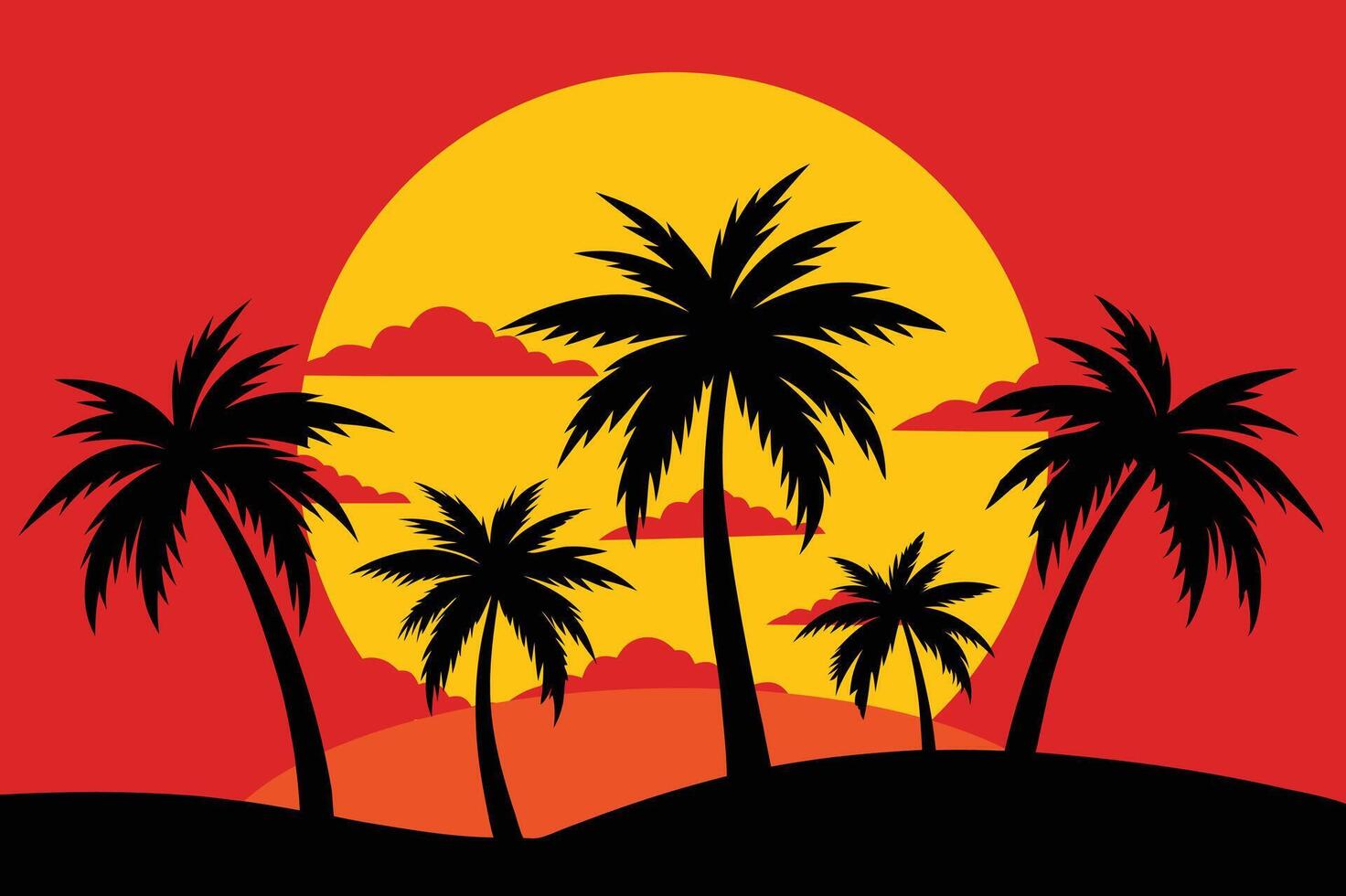 A set of palm trees silhouettes on a golden sunset background vector