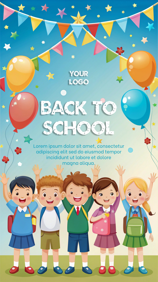 Children celebrating back to school with balloons and decorations psd