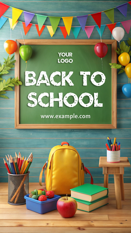 Bright and colorful back to school setup with supplies and decorations psd