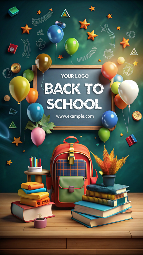 Colorful back to school display with balloons, books, and backpack psd