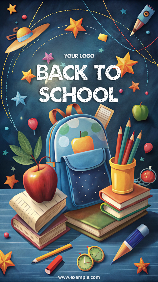 Colorful back-to-school supplies and a backpack with books on a desk psd