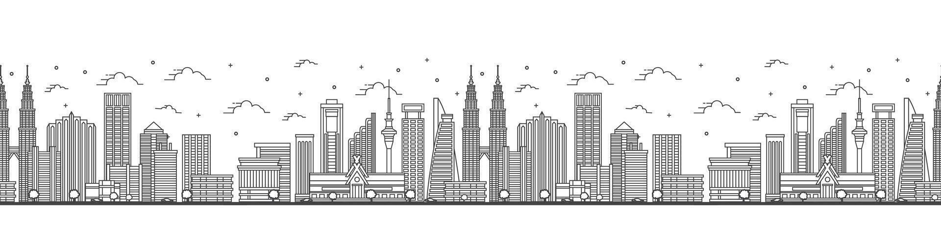 Seamless pattern with Outline Kuala Lumpur Malaysia City Skyline with Modern Buildings Isolated on White. Kuala Lumpur Cityscape with Landmarks. vector