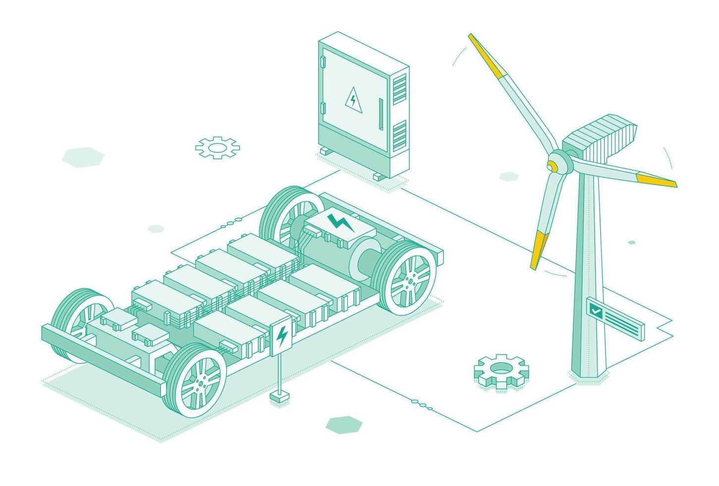 Electric car platform with transformer and wind turbine. Chassis with lithium battery cells pack. Modular system. Isometric outline object isolated on white background. Ecosystem. vector