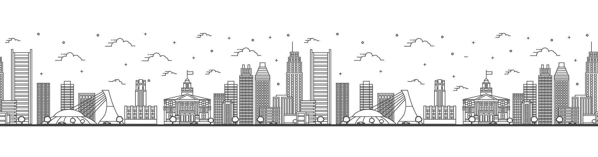 Seamless pattern with outline Montreal Canada City Skyline with Modern Buildings Isolated on White. Montreal Cityscape with Landmarks. vector