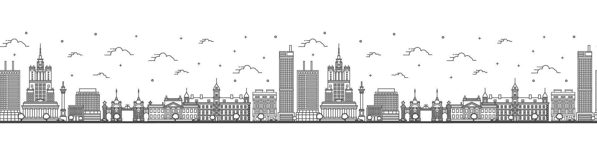 Seamless pattern with outline Warsaw Poland City Skyline with Modern Buildings Isolated on White. Warsaw Cityscape with Landmarks. vector