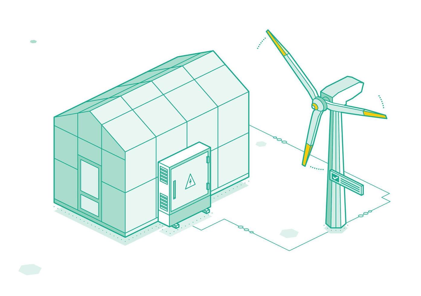 Isometric greenhouse with wind turbine. Farming and horticulture concept. Closed door. Outline object isolated on white background. Glass house. Ecology lifestyle. vector