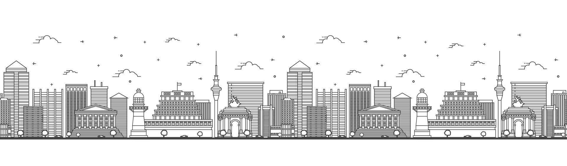 Seamless pattern with Outline Wellington New Zealand City Skyline with Modern and Historic Buildings Isolated on White. Wellington Cityscape with Landmarks. vector