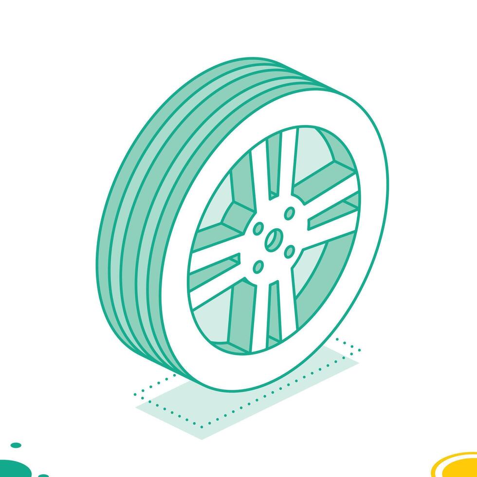Car wheel with tire isometric icon. Outline object isolated on white background. vector