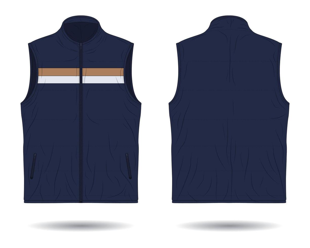 Modern blue padded vest mockup front and back view vector