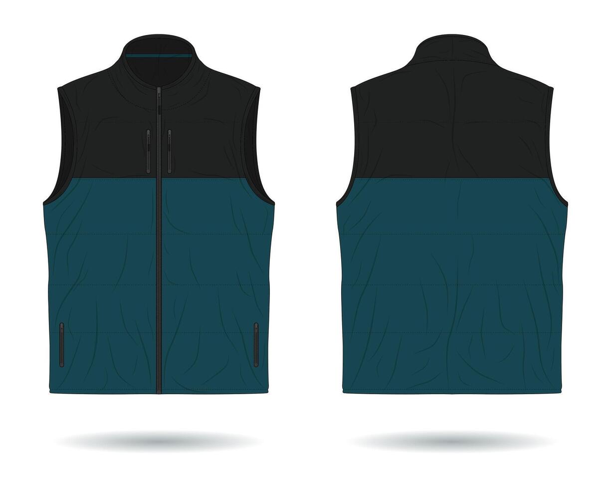 Green and black padded vest mockup front and back view vector