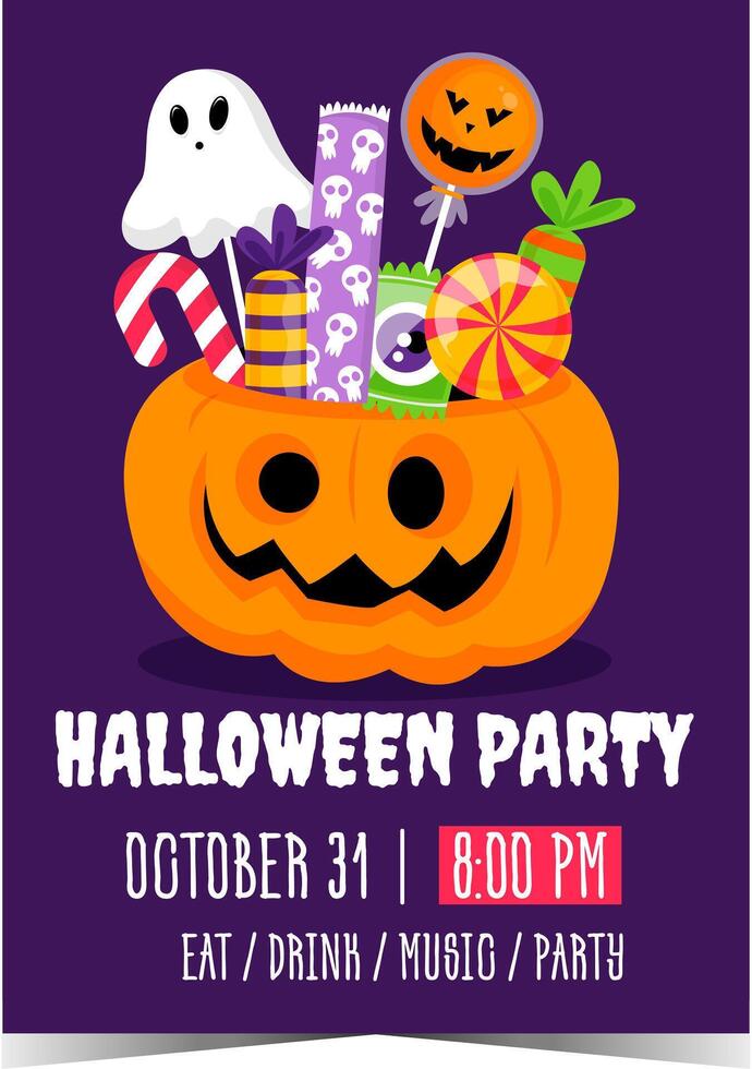 Halloween party poster with scary pumpkin filled with candies and sweets. Ready to print or for web banner for invitation to celebrate All Saints' Day with Trick or Treat and Guising customs. vector