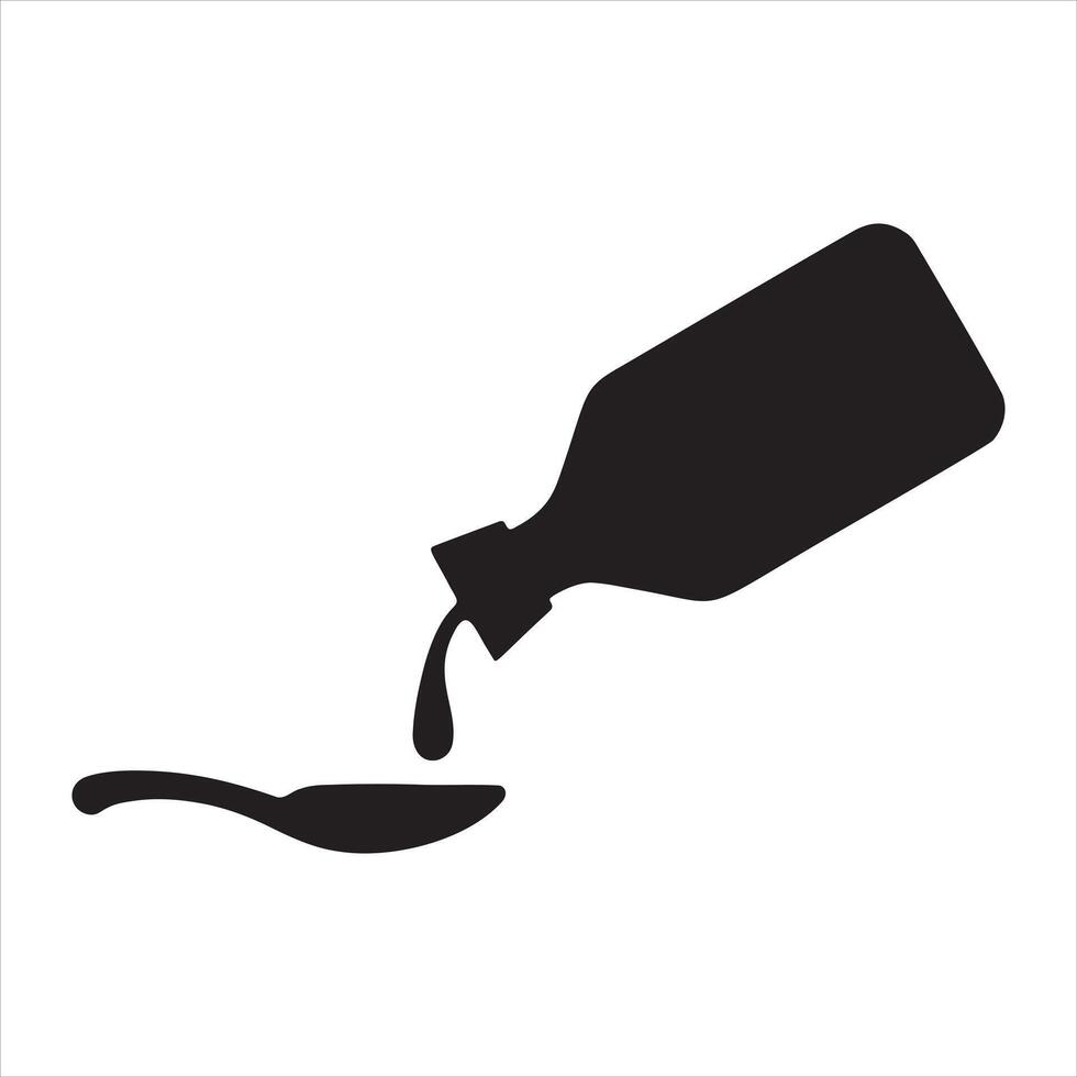Black and White Icon of Liquid Medicine Bottle Poured into Spoon vector