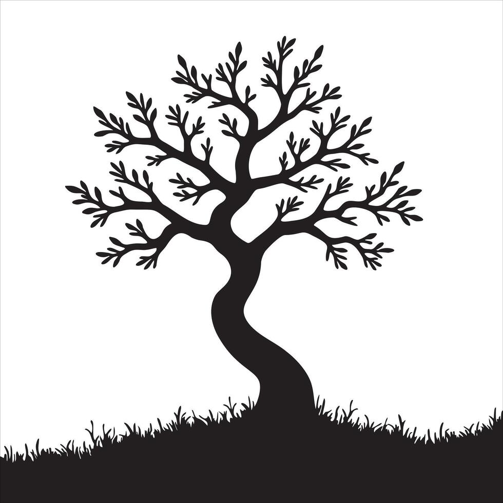 Nature Silhouette of Tree with Leaves on a Hill vector