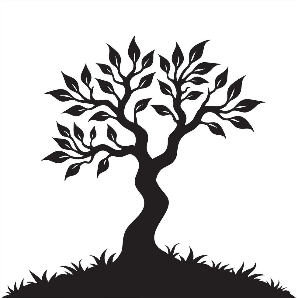 Tree with Leaves Silhouette on a Hill Nature Design vector