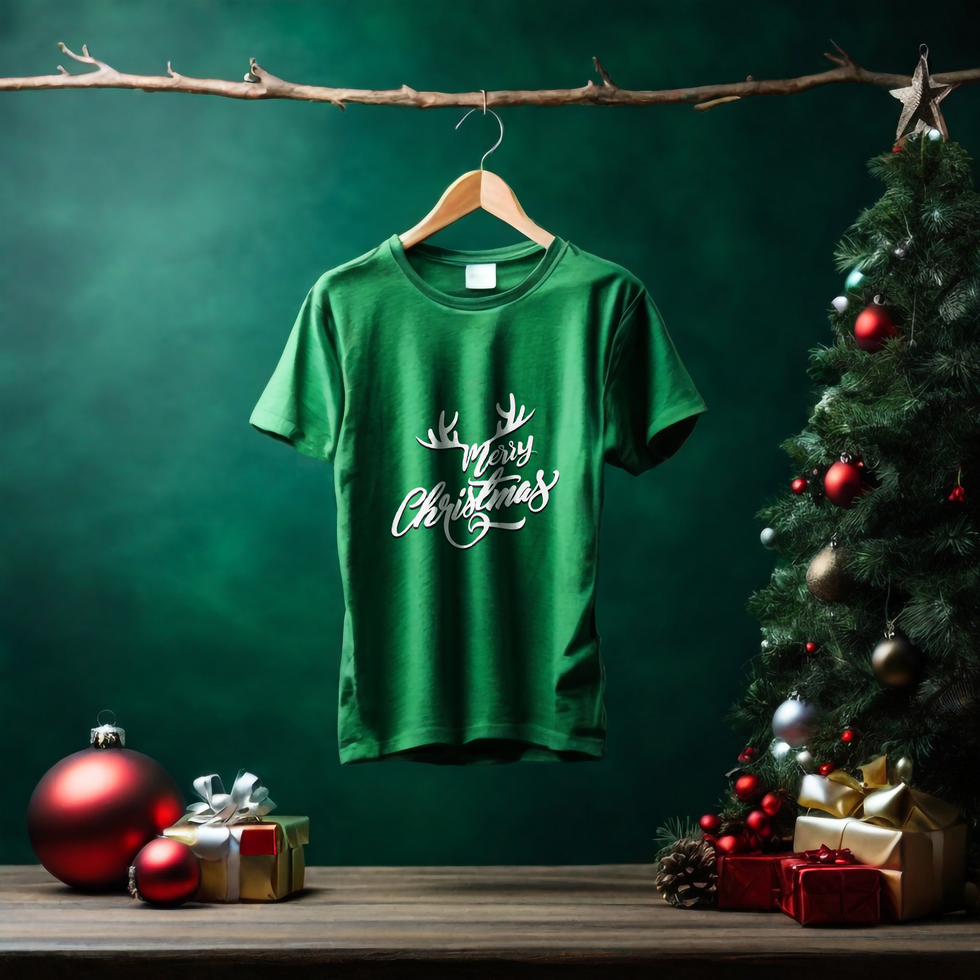 Green Handling T-shirt Mockup with Christmas background psd