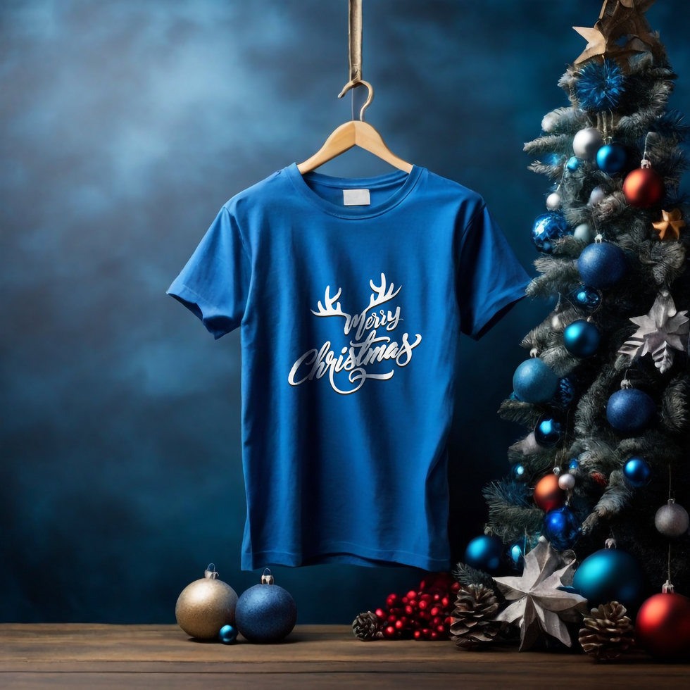 Blue Handling T-shirt Mockup with Christmas background psd