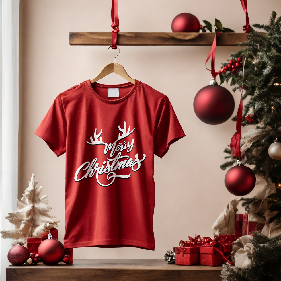 Red Handling T-shirt Mockup with Christmas background psd
