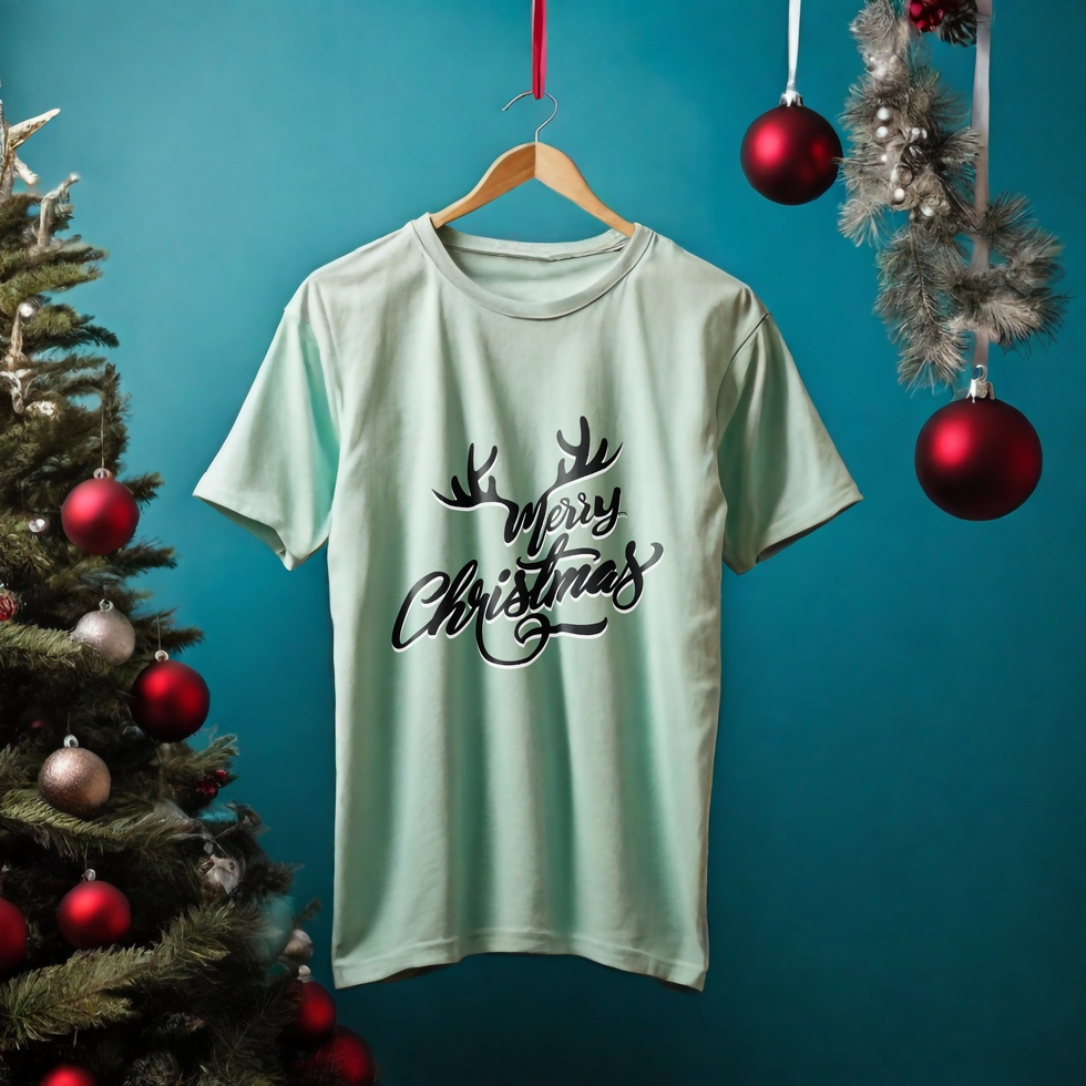Turquoise Handling T-shirt Mockup with Christmas background psd