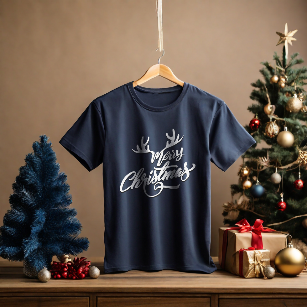 Navy Handling T-shirt Mockup with Christmas background psd