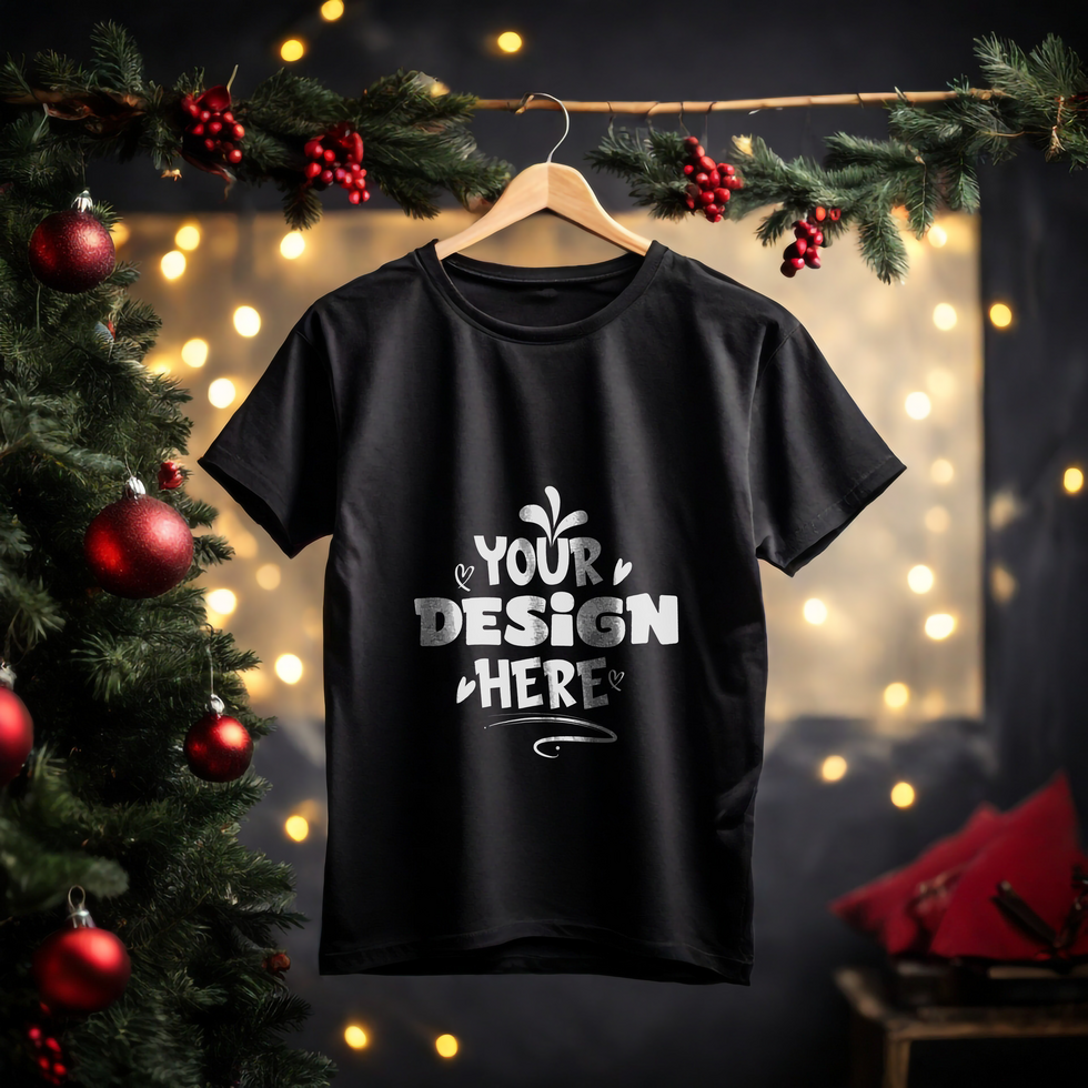 Black Handling T-shirt Mockup with Christmas background psd