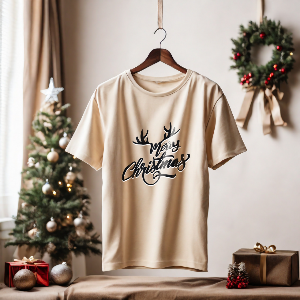 Beige Handling T-shirt Mockup with Christmas background psd